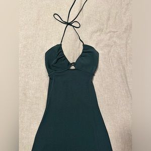 Zara Dark Green Long Halter Dress with Double Back Ties, Medium